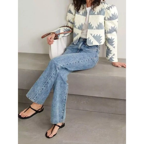 Caroline Constas women Quilted Blazer Jacket sz Small White Navy Print 54% Linen - Picture 1 of 6